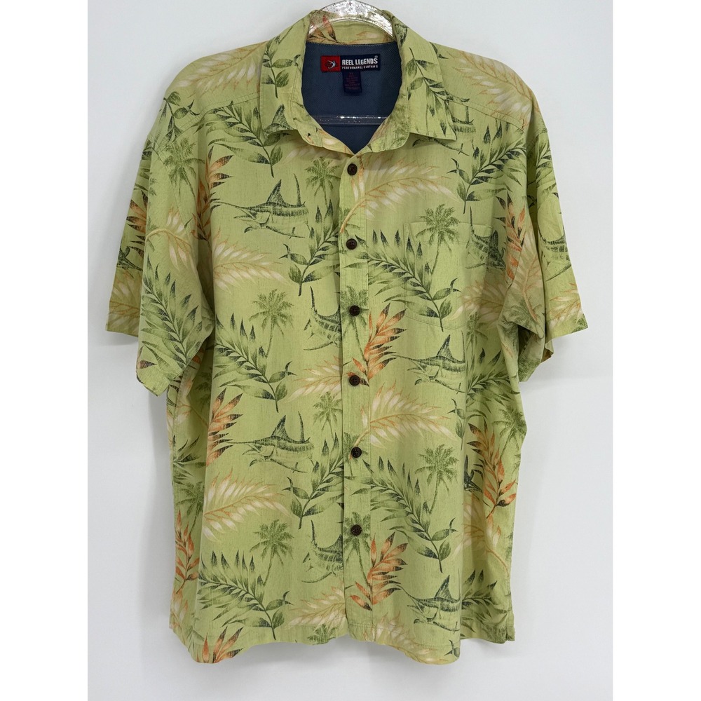 Reel Legends Mens Green Tropical Marlin Fishing Shirt Short Sleeve Sz XL‎